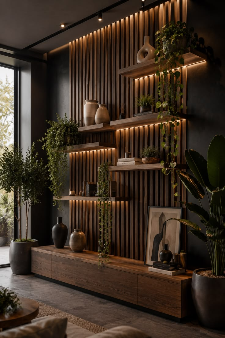 Vertical wood slat wall with floating shelves and integrated LED