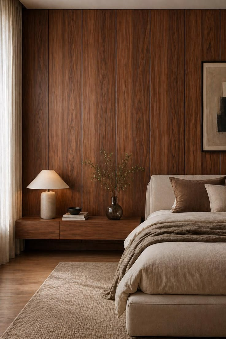 Warm walnut wood paneled accent wall in a luxury bedroom