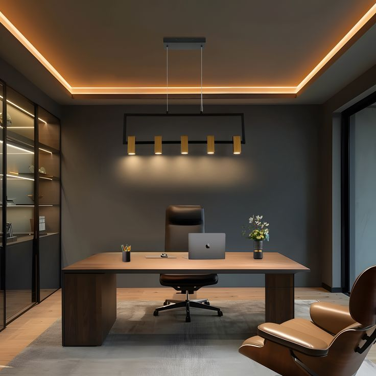 Warm cove LED lighting with linear pendant in a modern office