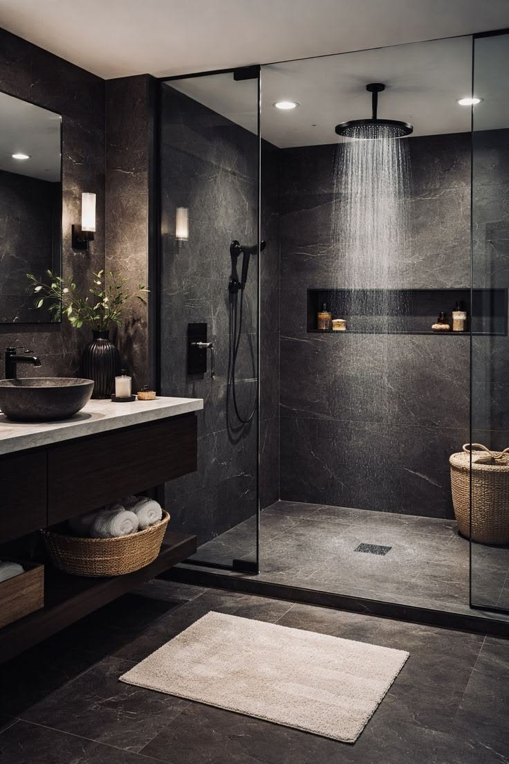 Modern dark marble walk-in shower with rainfall head and floating vanity