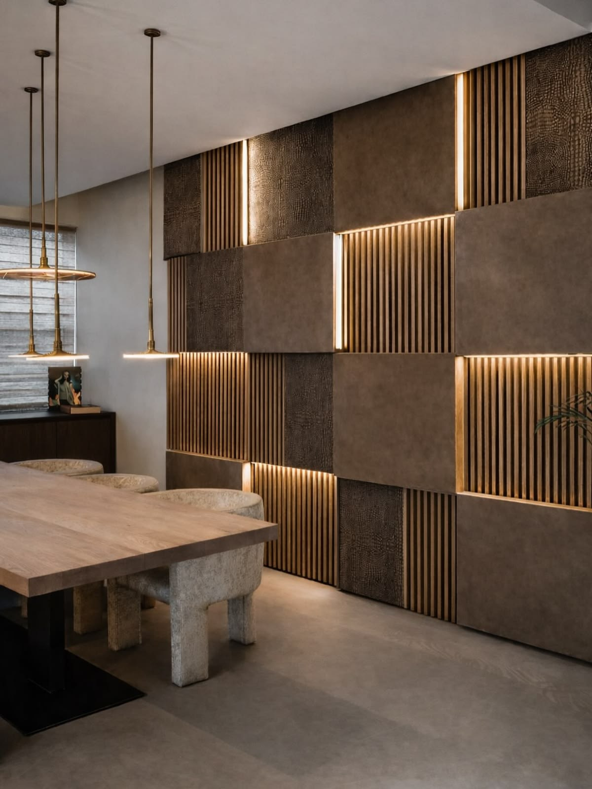Textured feature wall with integrated warm LED lighting