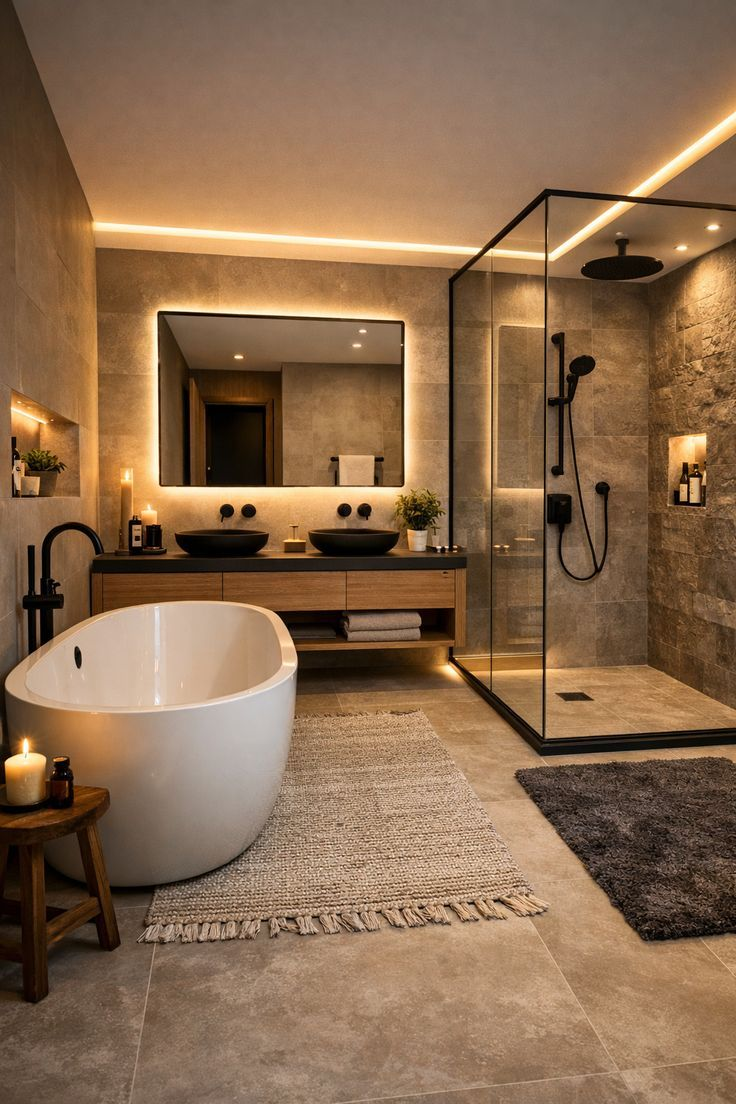 Spa-style bathroom with freestanding tub, backlit mirror, and glass walk-in shower