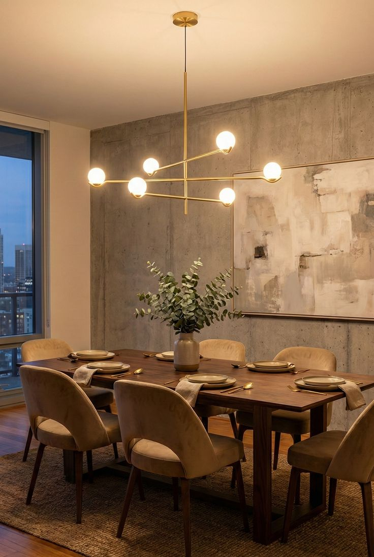 Sculptural brass chandelier over a luxury dining table