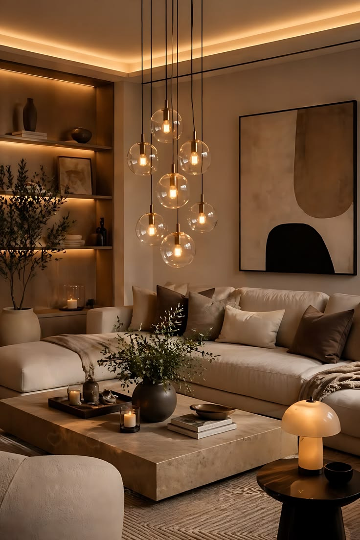 Cluster of glass globe pendants in a warm luxury living room