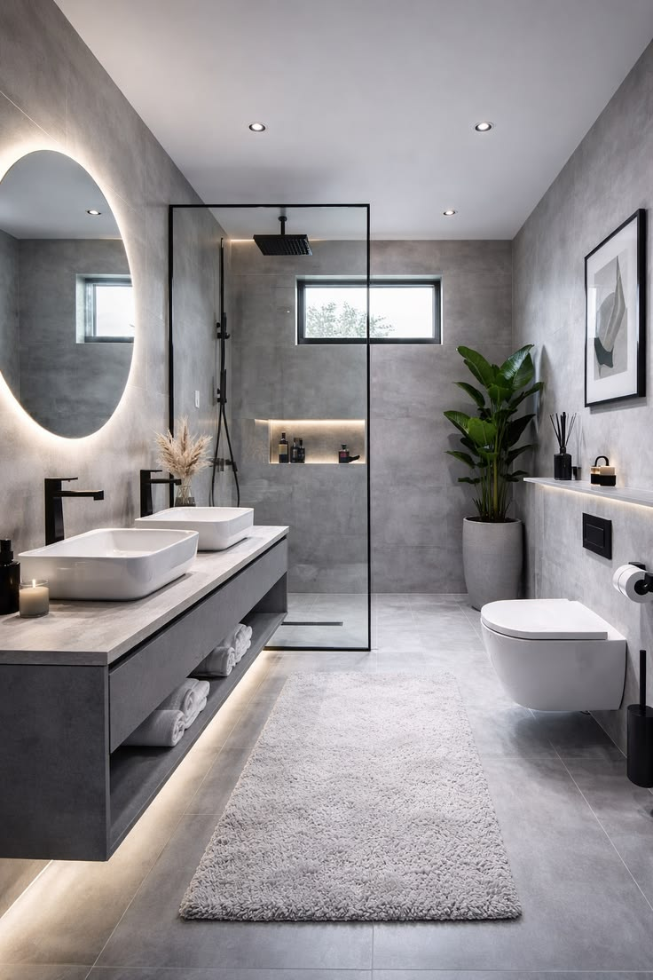 Contemporary grey bathroom with double vessel sinks and backlit oval mirror