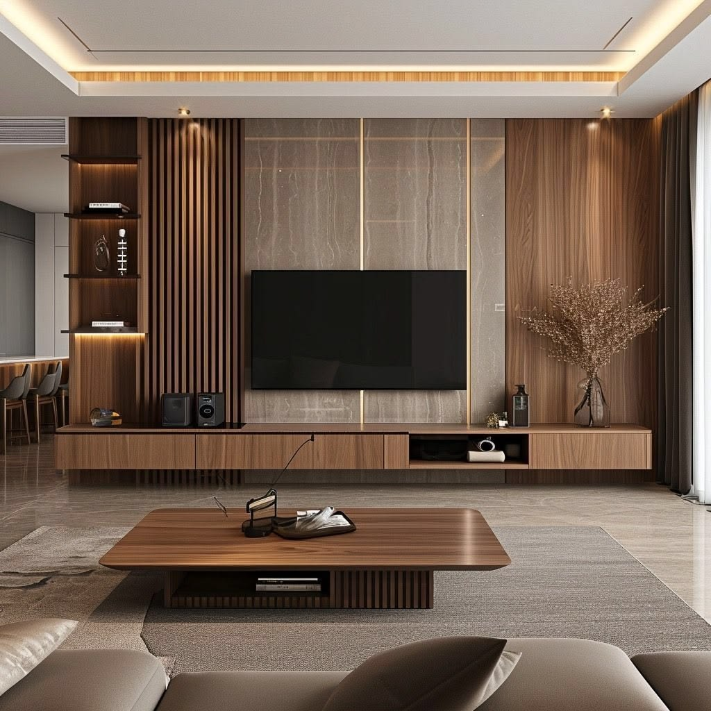 TV feature wall with vertical wood slats and floating console
