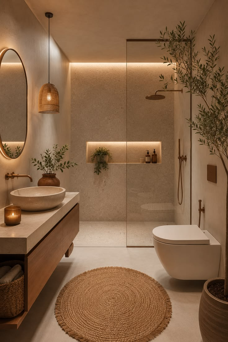 Warm minimalist bathroom with stone vanity, brass fixtures, and walk-in shower