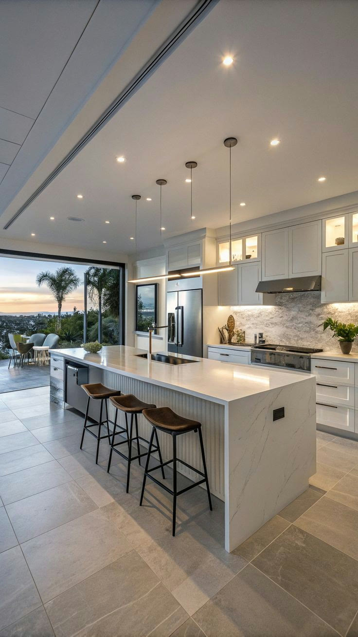 Modern luxury kitchen with marble waterfall island