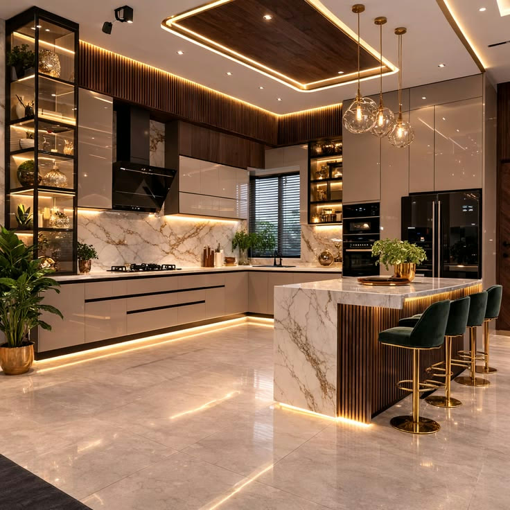 Warm walnut cabinetry with quartz countertops