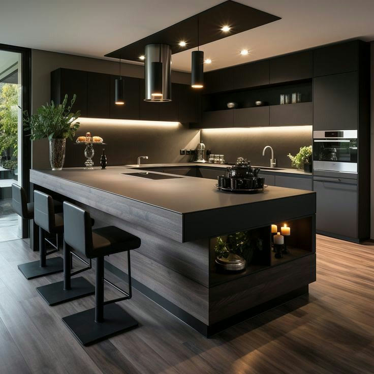Cream chef's kitchen with pendant lighting